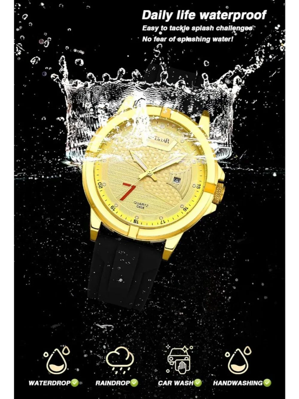 Mens Black Gold Analog Quartz Silicone Band Unique Design Waterproof Wrist Watch